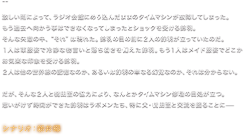 激しい雨によって、ラジオ会館にめり込んだままのタイムマシンが故障してしまった。 もう過去へ向かう事はできなくなってしまったとショックを受ける鈴羽。 そんな失意の中、“それ”は現れた。鈴羽の目の前に２人の鈴羽が立っていたのだ。 １人は軍服姿で冷静な物言いと落ち着きを備えた鈴羽。もう１人はメイド服姿でどこかお気楽な印象を受ける鈴羽。 ２人は他の世界線の記憶なのか、あるいは鈴羽の単なる幻覚なのか、それは分からない。 だが、そんな２人と橋田至の協力により、なんとかタイムマシン修理の目処が立つ。 思いがけず時間ができた鈴羽はラボメンたち、特に父・橋田至と交流を図ることに—／シナリオ：新井輝